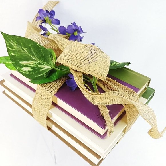 Decorative Tied Book Stack Farm House Decor Hard Cover Burlap Ribbon Set of 3 - Picture 5 of 6